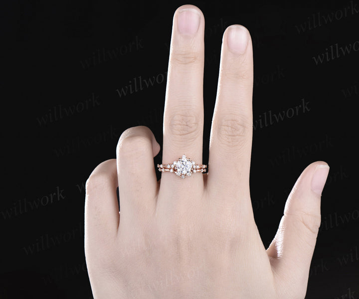 1ct round cut IGI Lab grown diamond engagement ring set stacking snowflake cluster diamond bridal ring set women