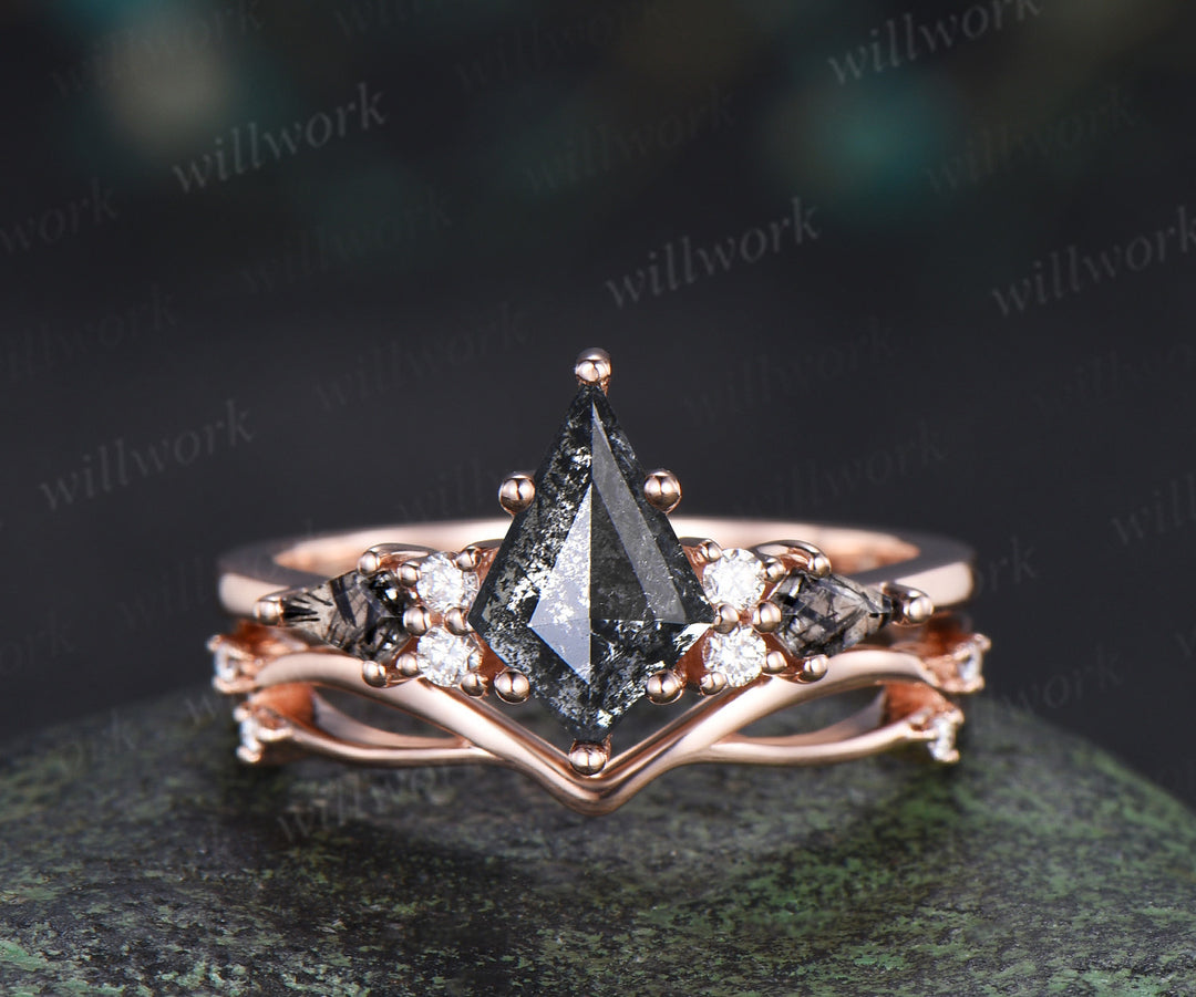 Vintage kite cut salt and pepper diamond engagement ring set unique kite black rutilated seven stone diamond bridal set