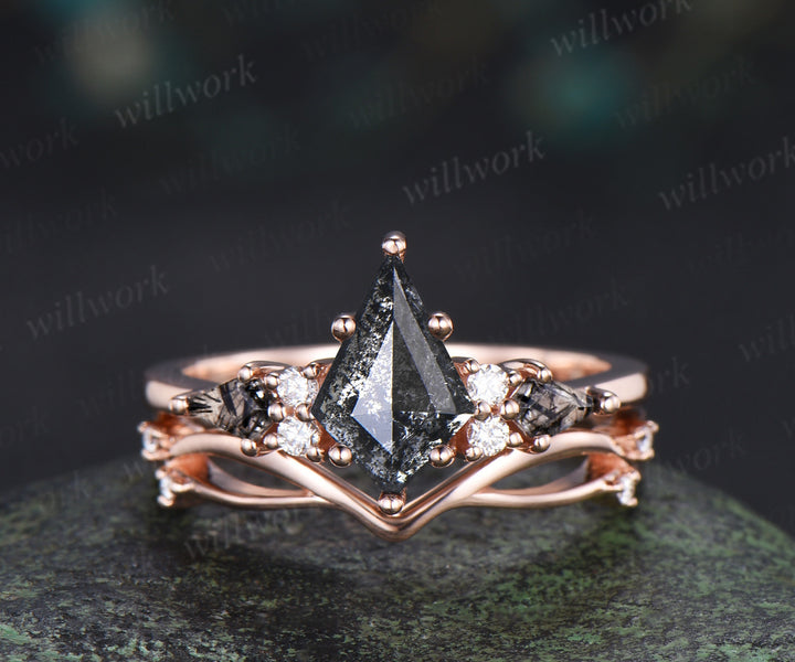 Vintage kite cut salt and pepper diamond engagement ring set unique kite black rutilated seven stone diamond bridal set
