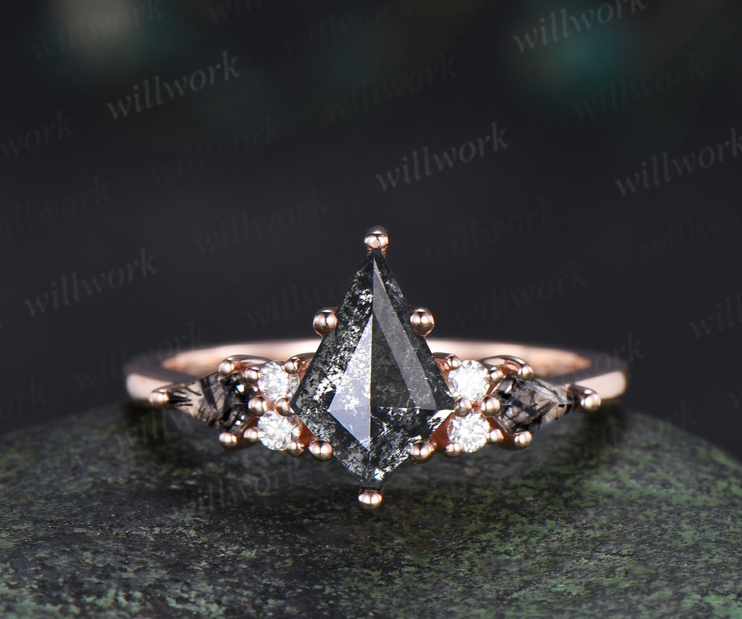Vintage kite cut salt and pepper diamond engagement ring set unique kite black rutilated seven stone diamond bridal set
