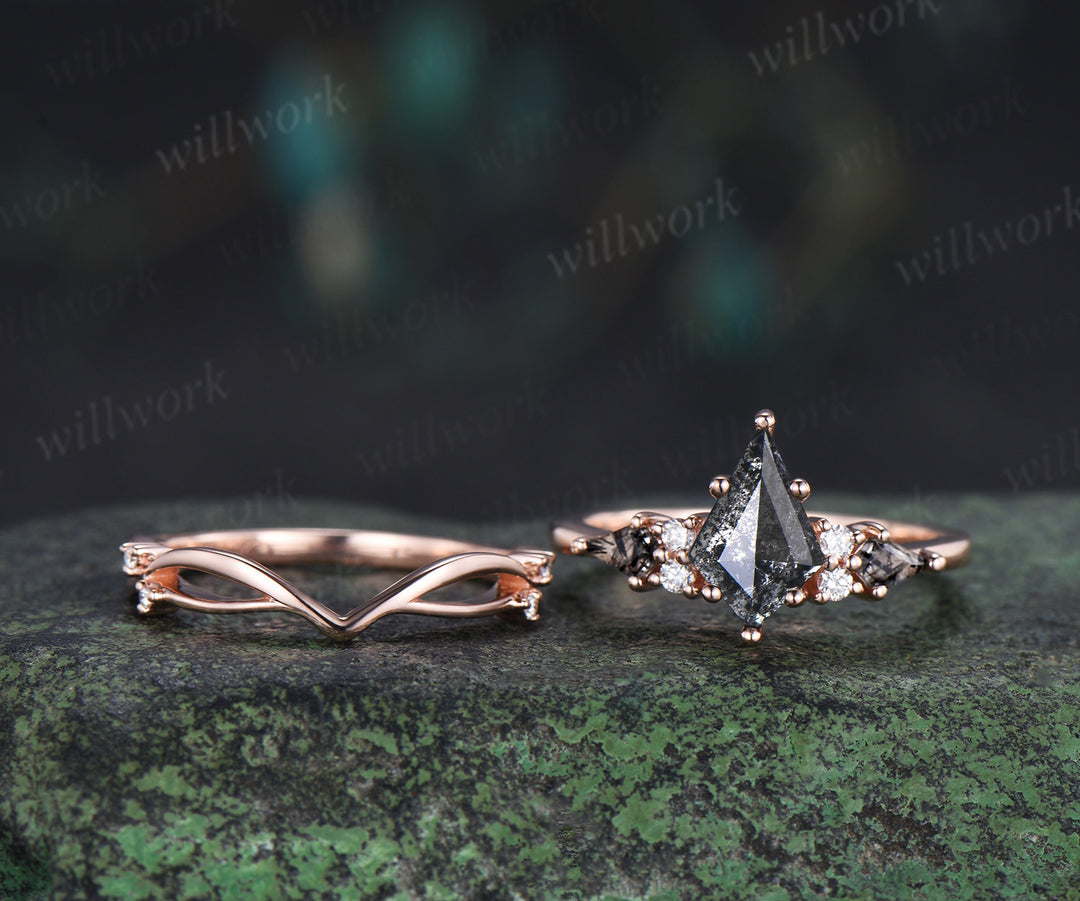 Vintage kite cut salt and pepper diamond engagement ring set unique kite black rutilated seven stone diamond bridal set
