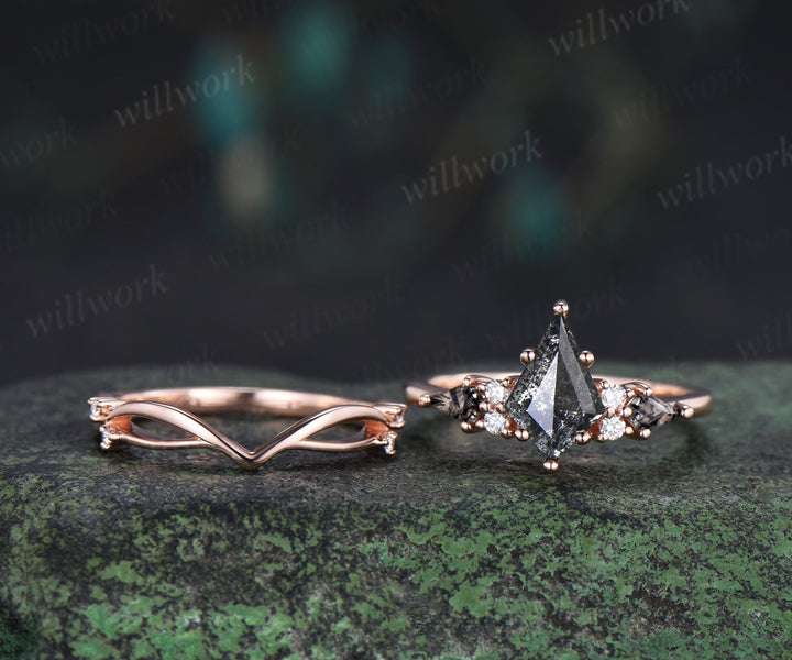 Vintage kite cut salt and pepper diamond engagement ring set unique kite black rutilated seven stone diamond bridal set