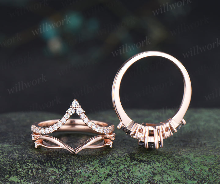 Vintage kite cut salt and pepper diamond engagement ring set unique kite black rutilated seven stone diamond bridal set