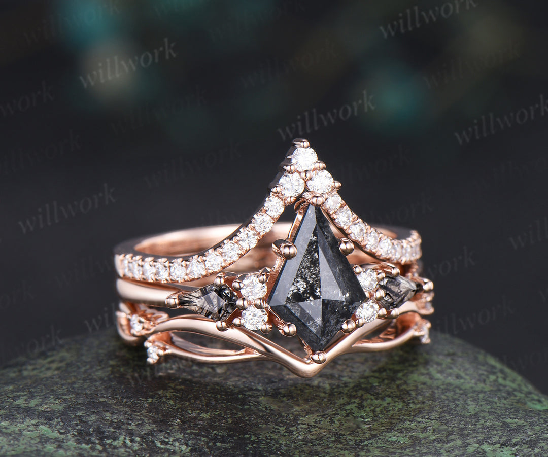 Vintage kite cut salt and pepper diamond engagement ring set unique kite black rutilated seven stone diamond bridal set
