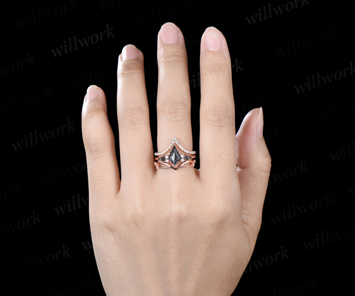 Vintage kite cut salt and pepper diamond engagement ring set unique kite black rutilated seven stone diamond bridal set