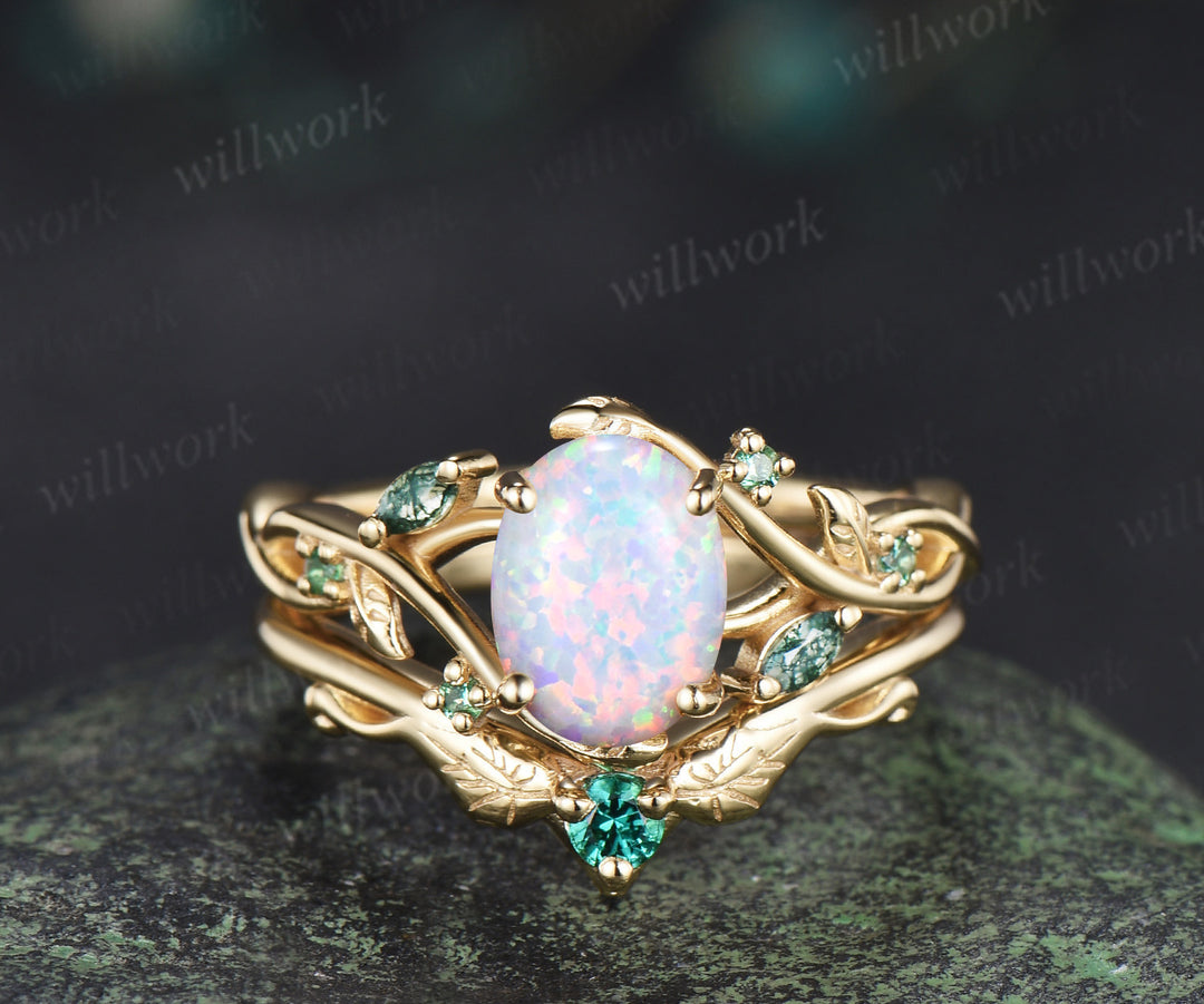 Oval white opal engagement ring yellow gold leaf infinity moss agate emerald bridal ring set