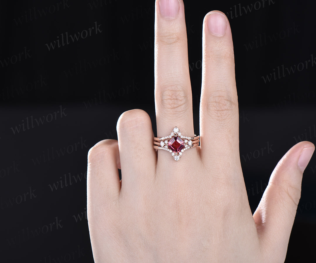 Asscher cut pink tourmaline ring vintage pink tourmaline engagement ring set 14k rose gold moissanite ring unique wedding ring set women