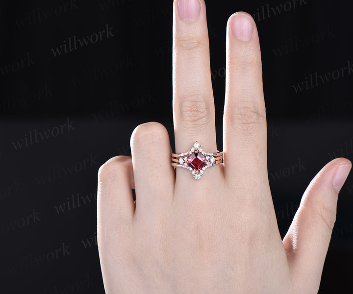 Asscher cut pink tourmaline ring vintage pink tourmaline engagement ring set 14k rose gold moissanite ring unique wedding ring set women
