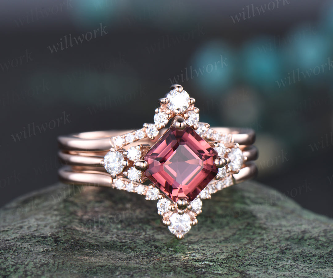 Asscher cut pink tourmaline ring vintage pink tourmaline engagement ring set 14k rose gold moissanite ring unique wedding ring set women