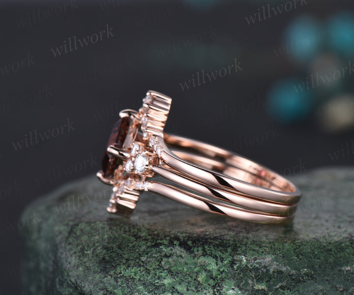 Asscher cut pink tourmaline ring vintage pink tourmaline engagement ring set 14k rose gold moissanite ring unique wedding ring set women