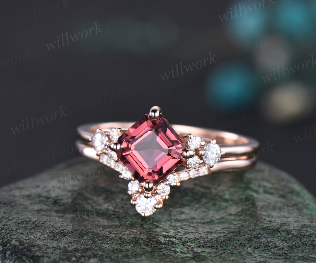 Asscher cut pink tourmaline ring vintage pink tourmaline engagement ring set 14k rose gold moissanite ring unique wedding ring set women