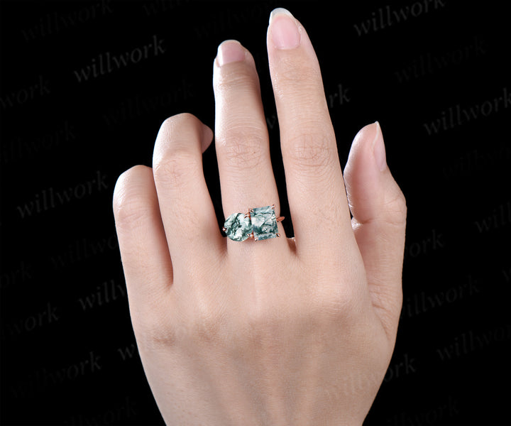 Unique two-stone moss agate engagement ring emerald & round cut moss agate bridal wedding ring Toi et Moi two stone ring gifts for her