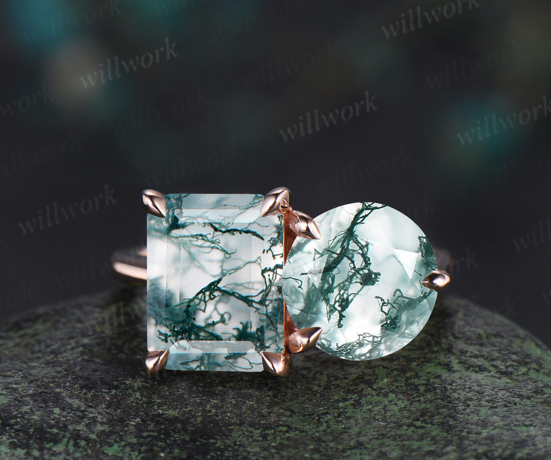 Unique two-stone moss agate engagement ring emerald & round cut moss agate bridal wedding ring Toi et Moi two stone ring gifts for her