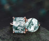 Unique two-stone moss agate engagement ring emerald & round cut moss agate bridal wedding ring Toi et Moi two stone ring gifts for her
