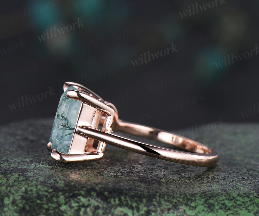 Unique two-stone moss agate engagement ring emerald & round cut moss agate bridal wedding ring Toi et Moi two stone ring gifts for her