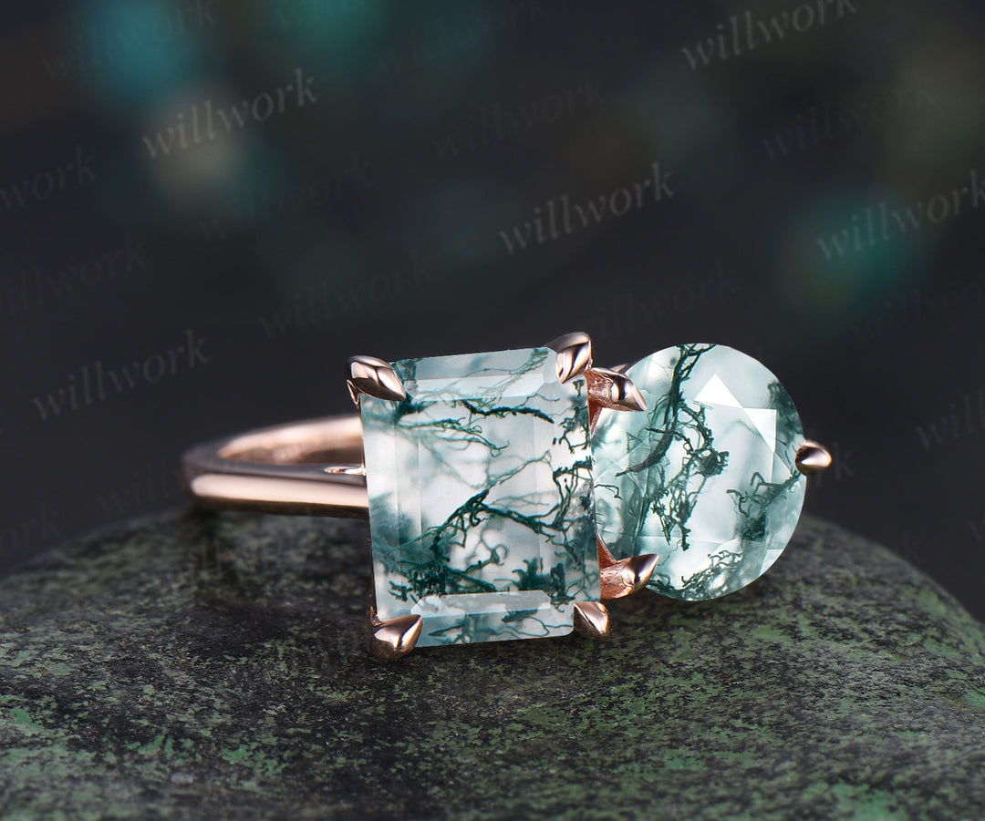Unique two-stone moss agate engagement ring emerald & round cut moss agate bridal wedding ring Toi et Moi two stone ring gifts for her