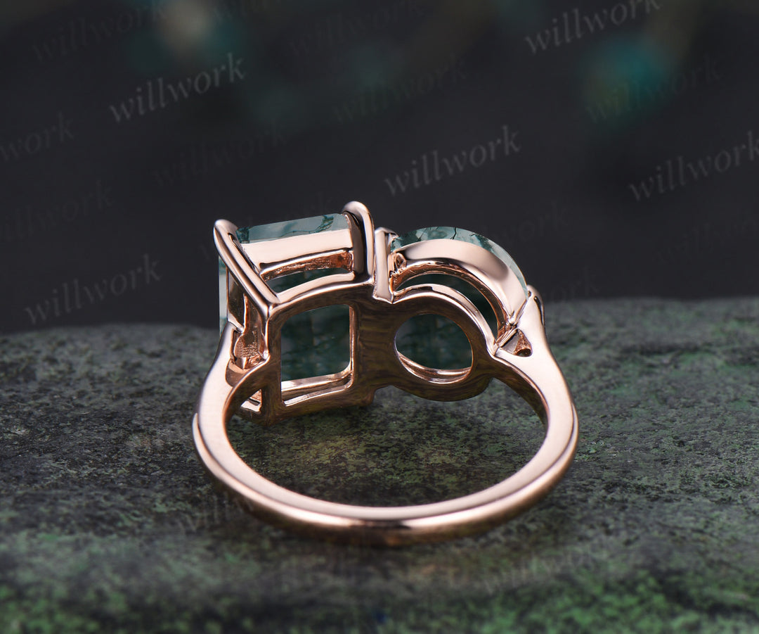 Unique two-stone moss agate engagement ring emerald & round cut moss agate bridal wedding ring Toi et Moi two stone ring gifts for her