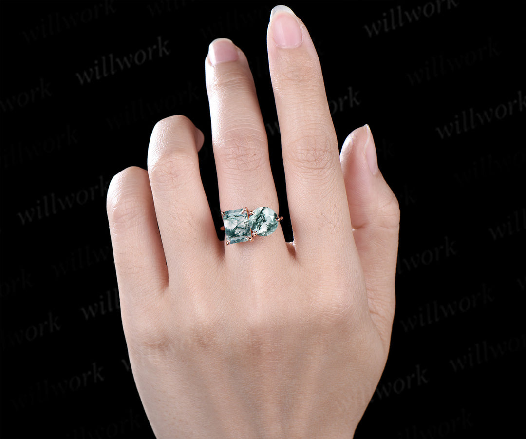 Unique two-stone moss agate engagement ring emerald & round cut moss agate bridal wedding ring Toi et Moi two stone ring gifts for her