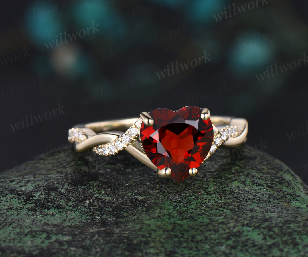 Vintage heart shaped red garnet engagement ring solid 14k yellow gold twisted infinity diamond wedding anniversary ring women jewelry