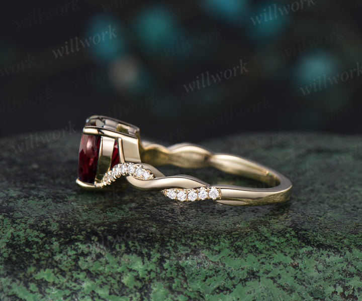 Vintage heart shaped red garnet engagement ring solid 14k yellow gold twisted infinity diamond wedding anniversary ring women jewelry
