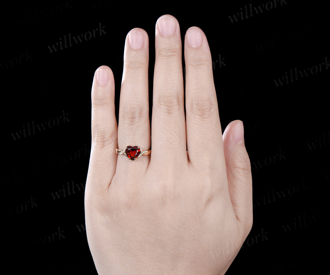 Vintage heart shaped red garnet engagement ring solid 14k yellow gold twisted infinity diamond wedding anniversary ring women jewelry