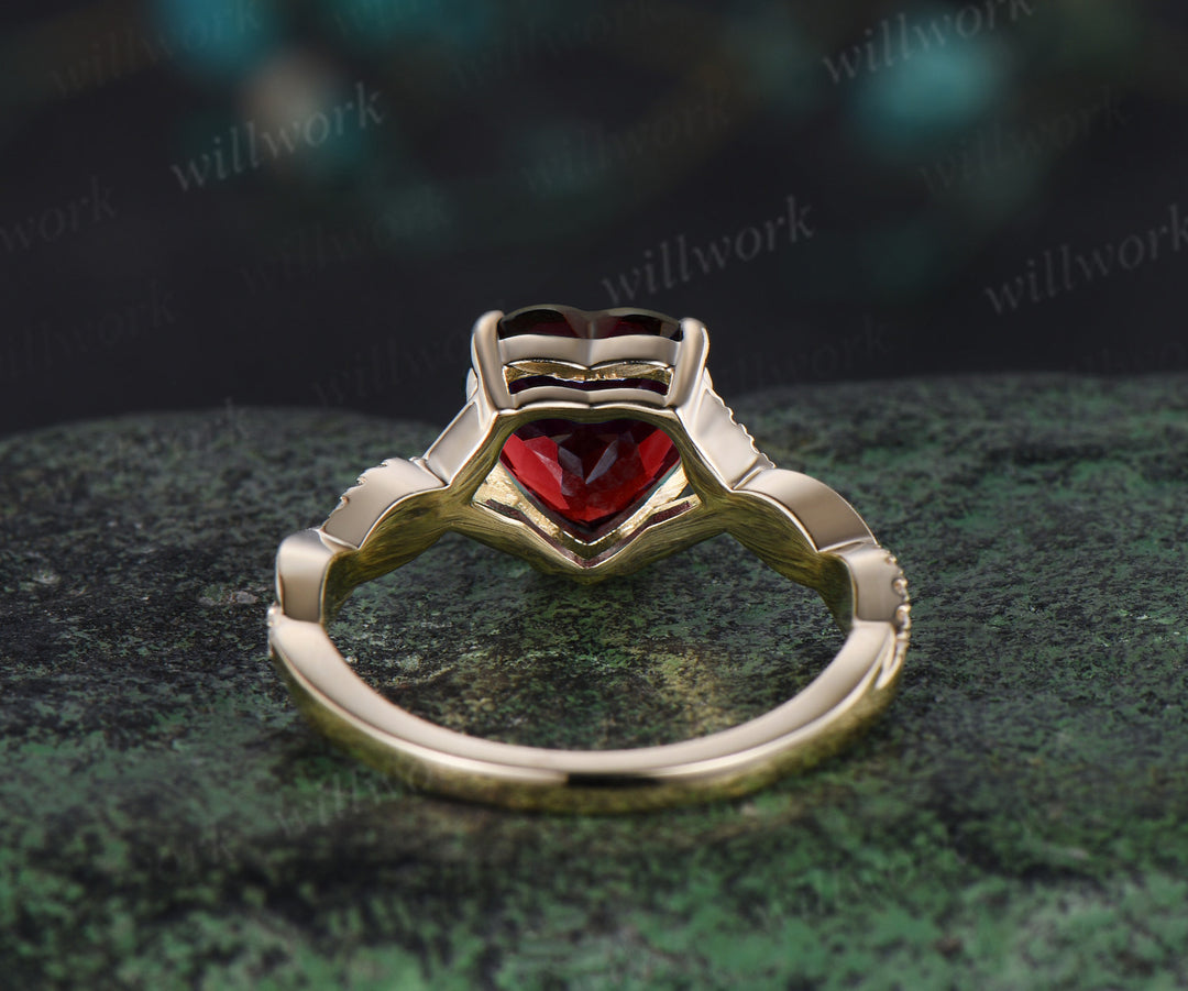Vintage heart shaped red garnet engagement ring solid 14k yellow gold twisted infinity diamond wedding anniversary ring women jewelry