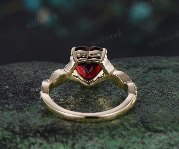 Vintage heart shaped red garnet engagement ring solid 14k yellow gold twisted infinity diamond wedding anniversary ring women jewelry