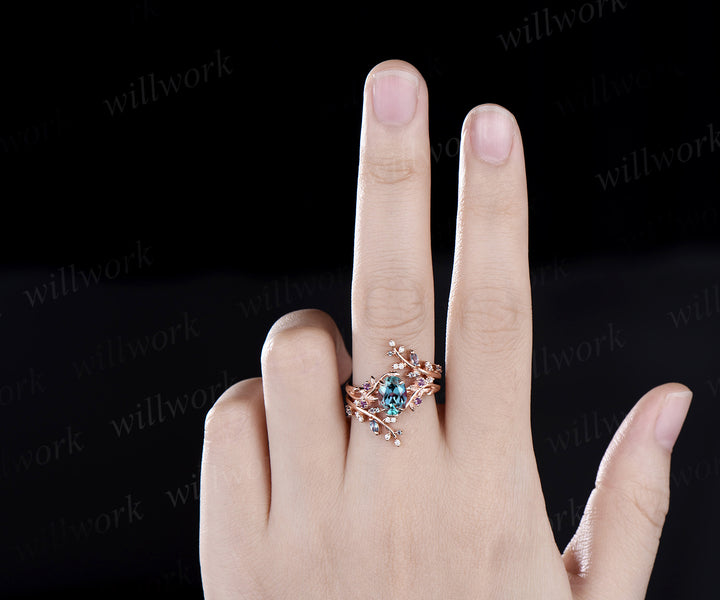 Vintage oval alexandrite engagement ring nature inspired leaf amethyst ring rose gold wedding band enhancer twisted bridal ring set women