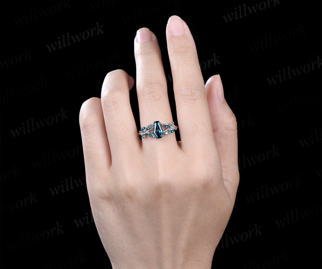 Coffin cut alexandrite engagement ring marquise color change split shank ring June birthstone jewelry gifts for women