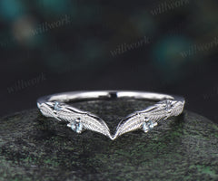 Nature inspired alexandrite leaf wedding band curved V-shaped vintage stacking ring birthstone anniversary ring
