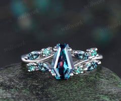 Coffin cut alexandrite engagement ring marquise color change split shank ring June birthstone jewelry gifts for women