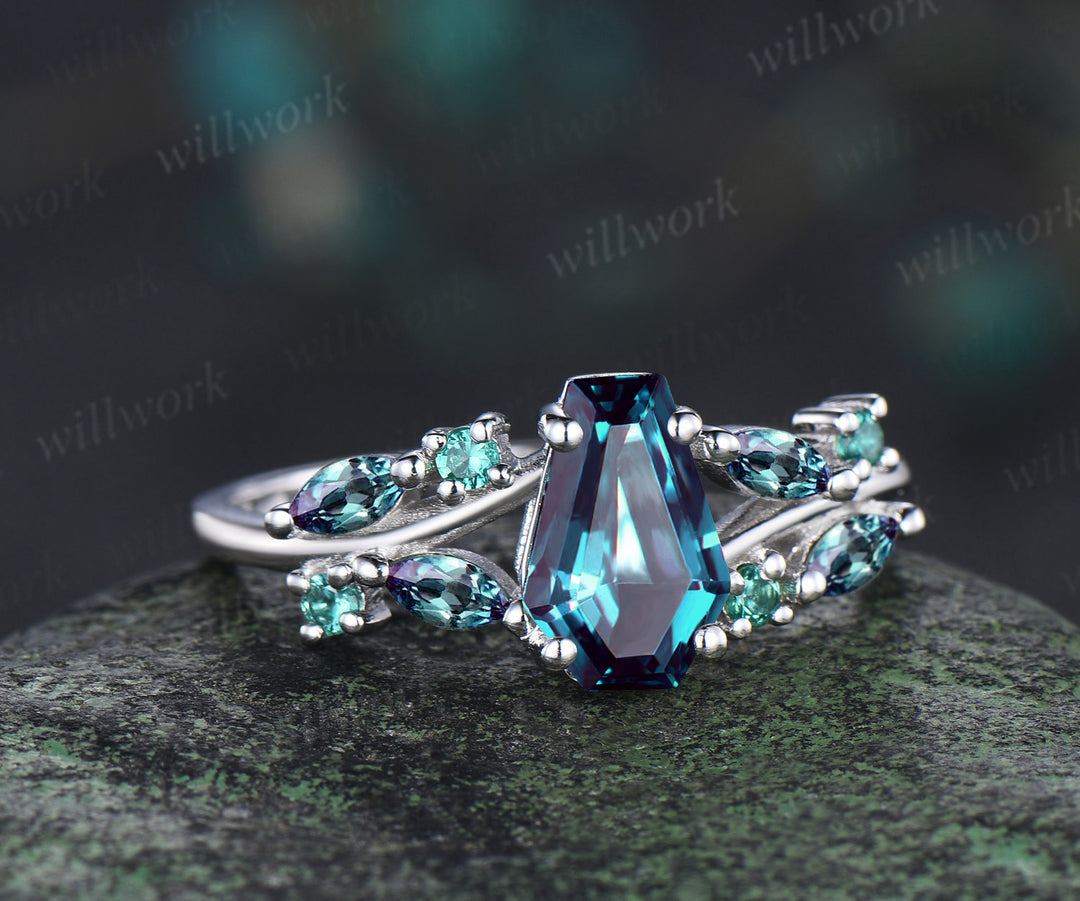 Coffin cut alexandrite engagement ring marquise color change split shank ring June birthstone jewelry gifts for women