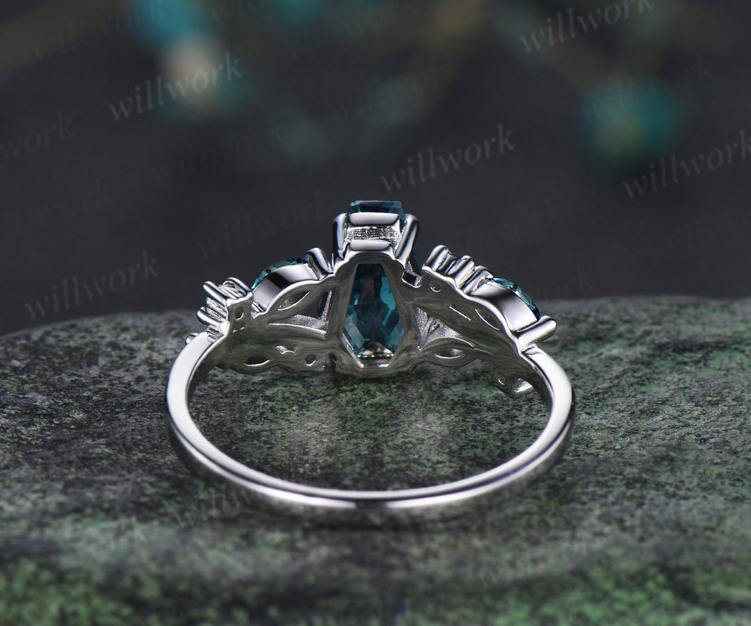 Coffin cut alexandrite engagement ring marquise color change split shank ring June birthstone jewelry gifts for women