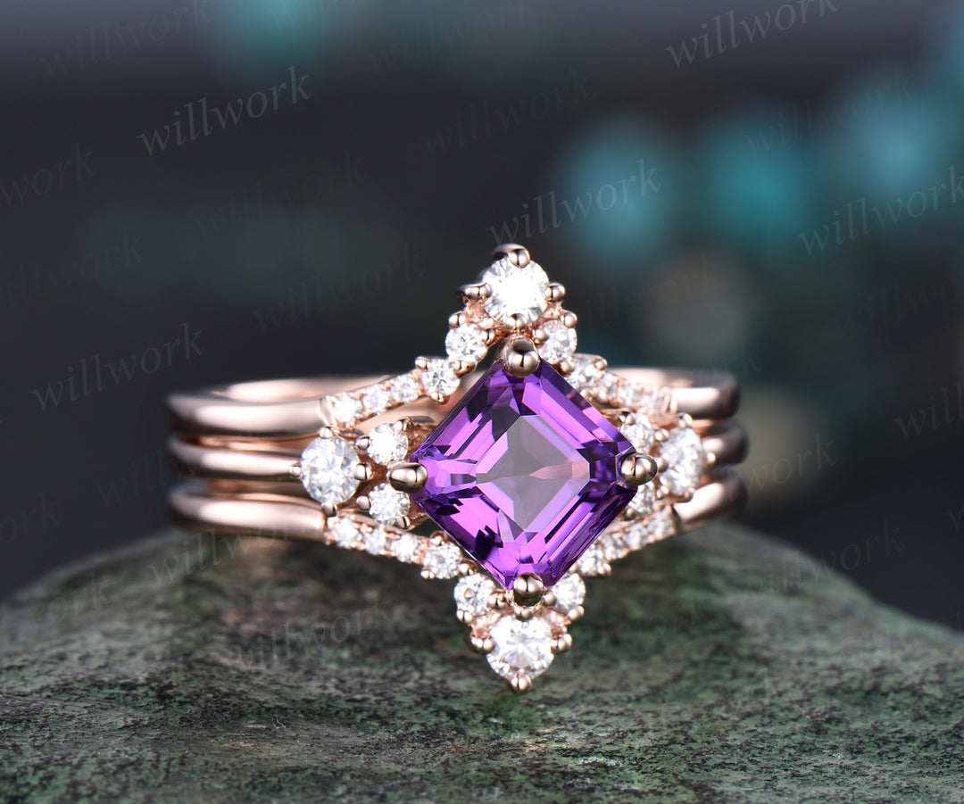 Asscher cut amethyst ring gold vintage purple amethyst engagement ring set 14k rose gold moissanite ring unique promise ring set women gift