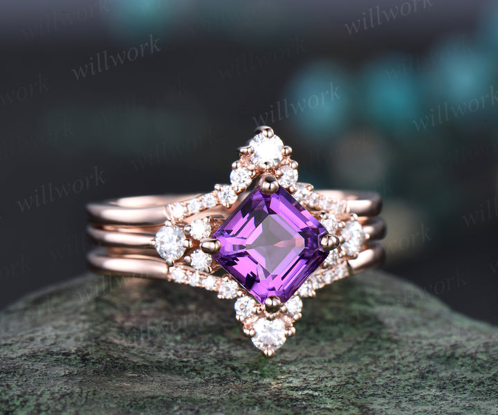 Asscher cut amethyst ring gold vintage purple amethyst engagement ring set 14k rose gold moissanite ring unique promise ring set women gift