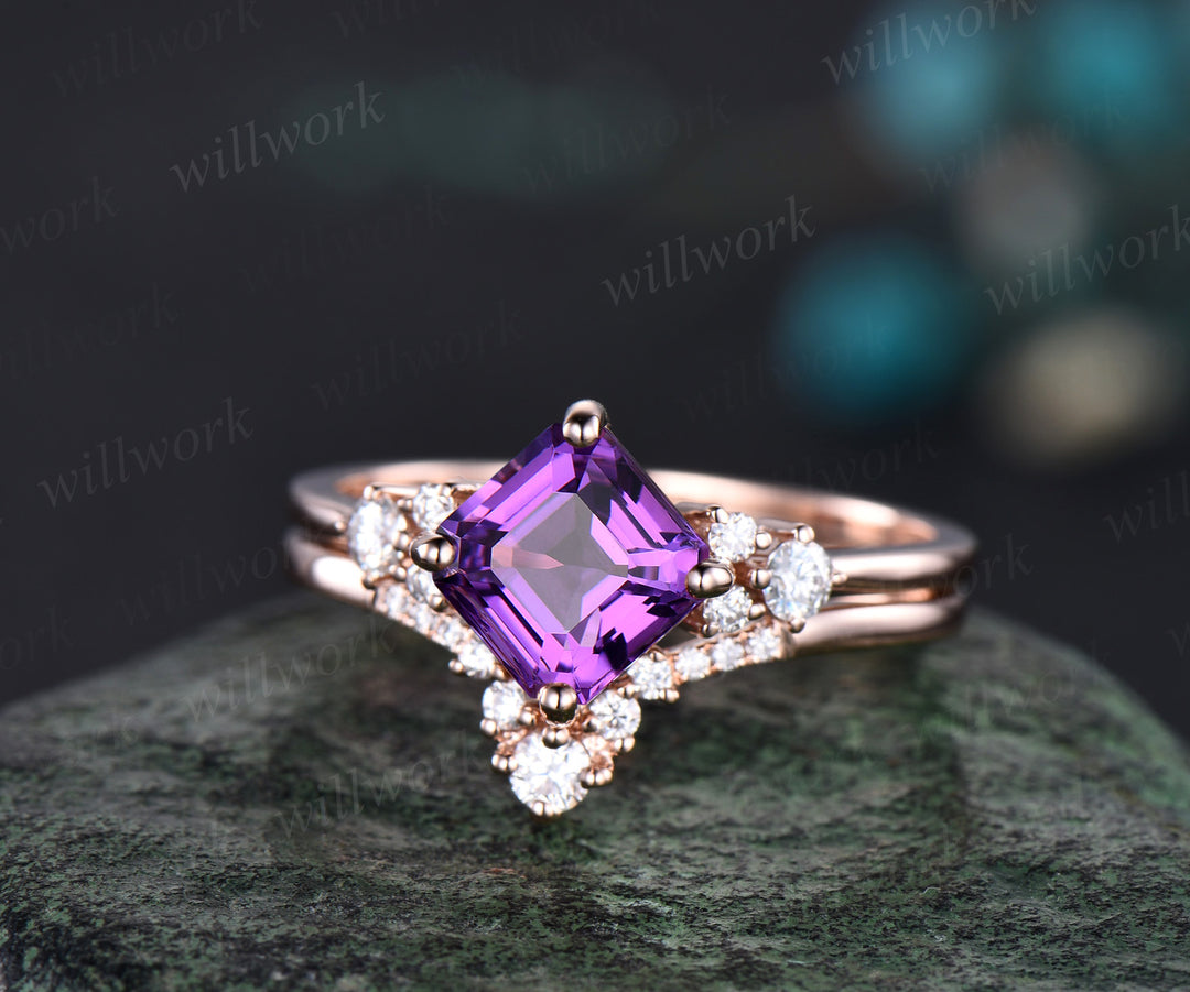 Asscher cut amethyst ring gold vintage purple amethyst engagement ring set 14k rose gold moissanite ring unique promise ring set women gift