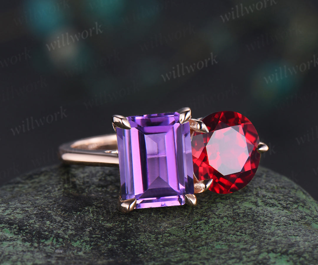 Two stone emerald cut amethyst round shape ruby engagement ring Toi et Moi ring promise anniversary gifts for her