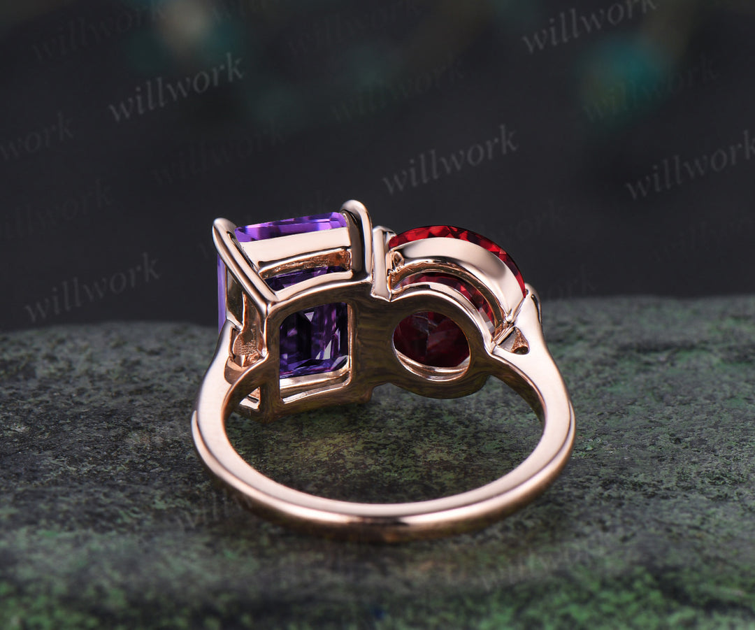 Two stone emerald cut amethyst round shape ruby engagement ring Toi et Moi ring promise anniversary gifts for her