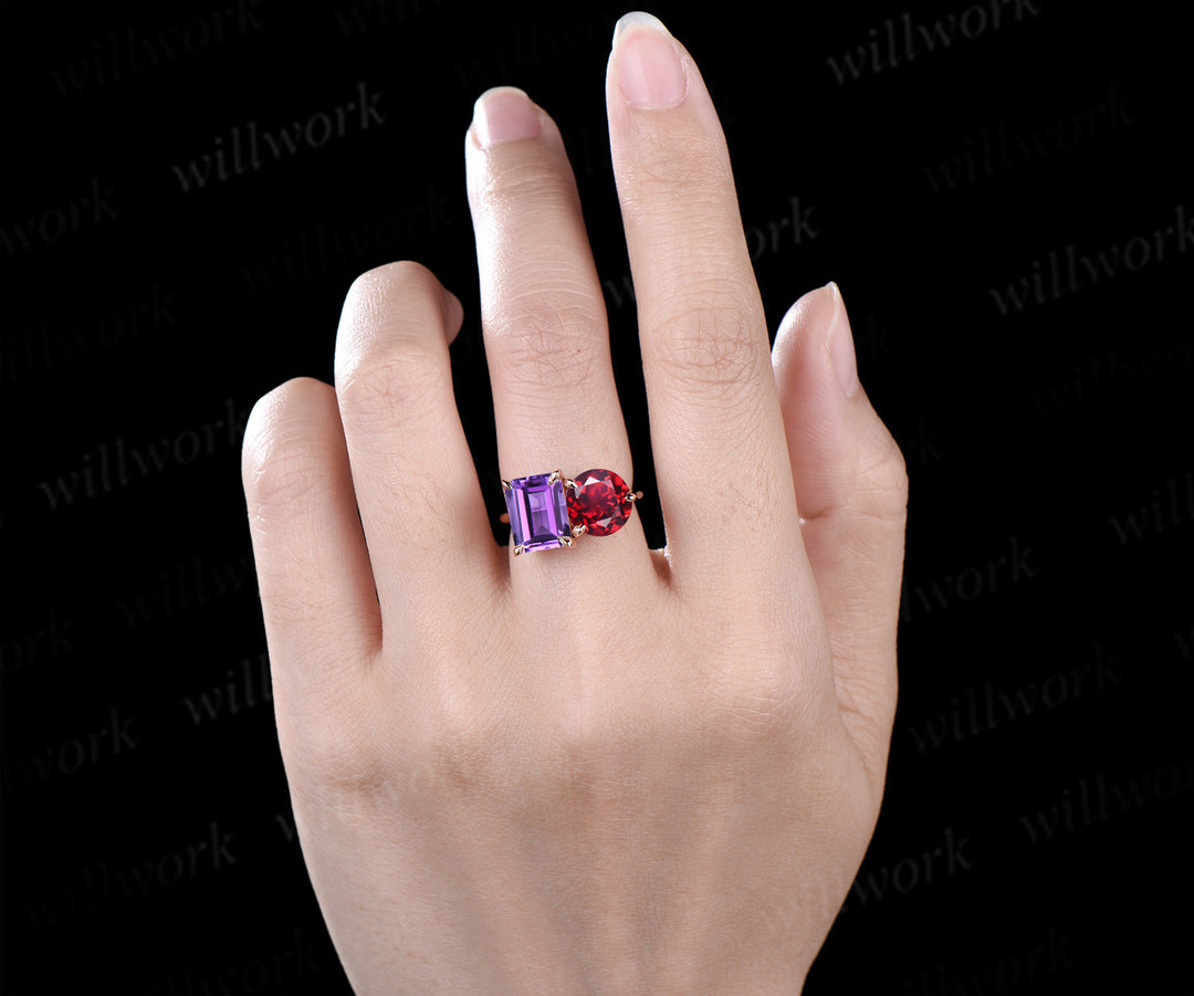 Two stone emerald cut amethyst round shape ruby engagement ring Toi et Moi ring promise anniversary gifts for her