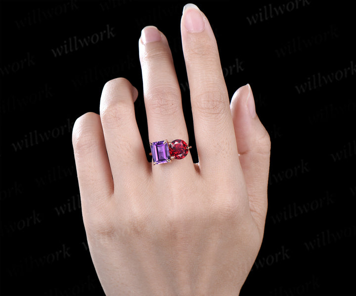 Two stone emerald cut amethyst round shape ruby engagement ring Toi et Moi ring promise anniversary gifts for her
