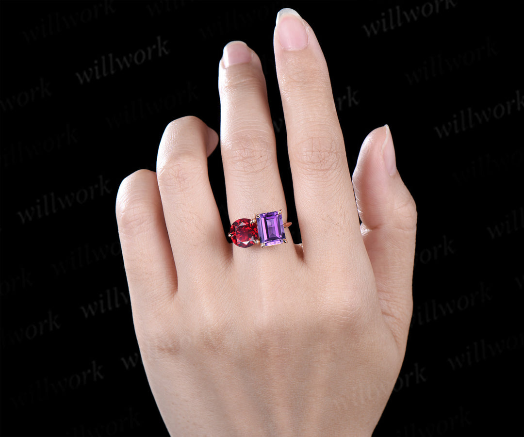 Two stone emerald cut amethyst round shape ruby engagement ring Toi et Moi ring promise anniversary gifts for her