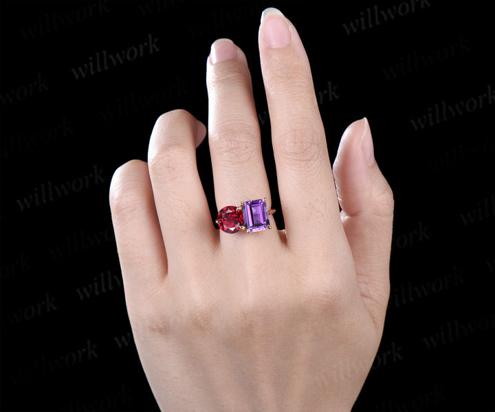Two stone emerald cut amethyst round shape ruby engagement ring Toi et Moi ring promise anniversary gifts for her