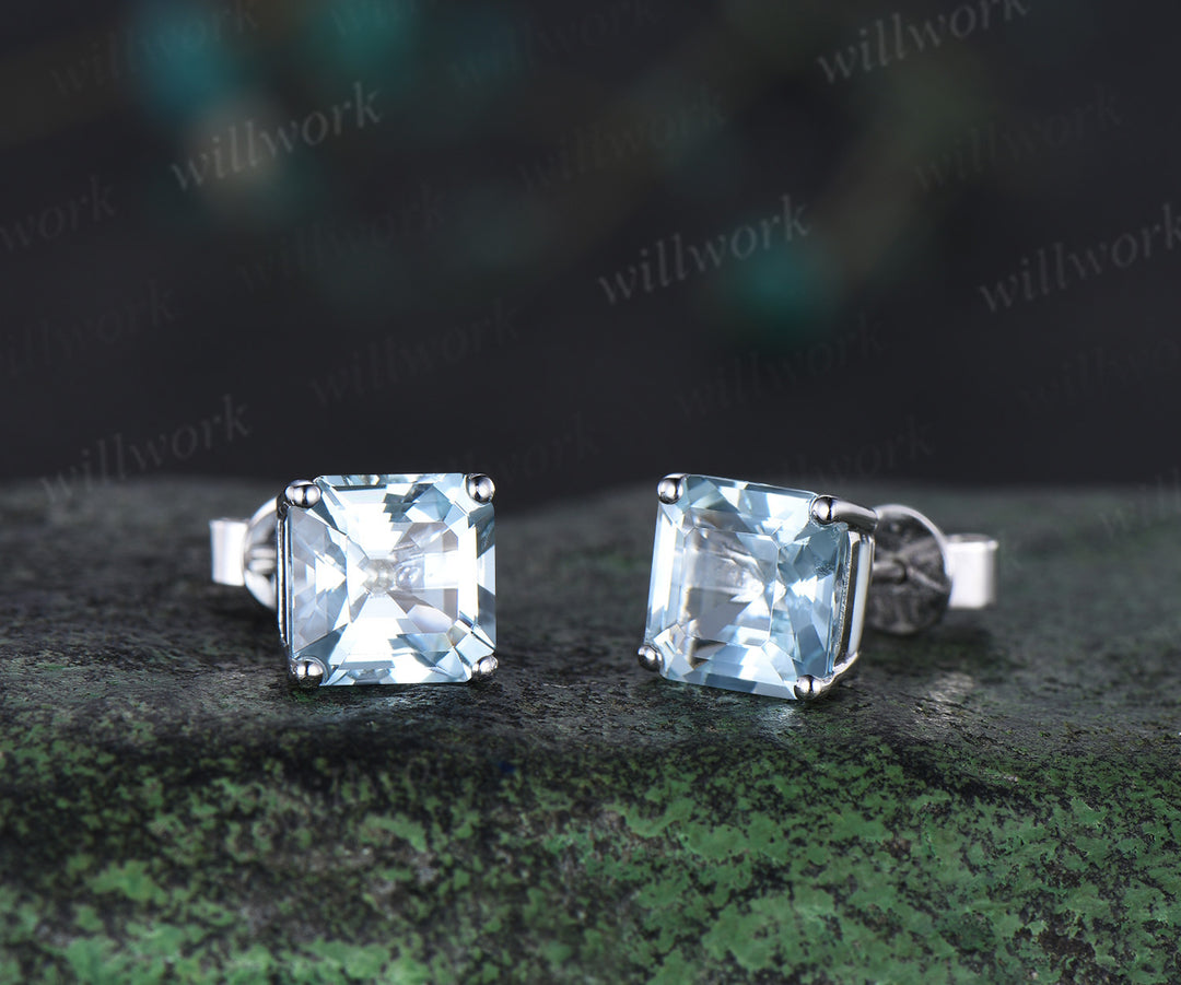 Unique asscher cut aquamarine earrings March birthstone stud earrings solitaire pierced earrings gifts for her