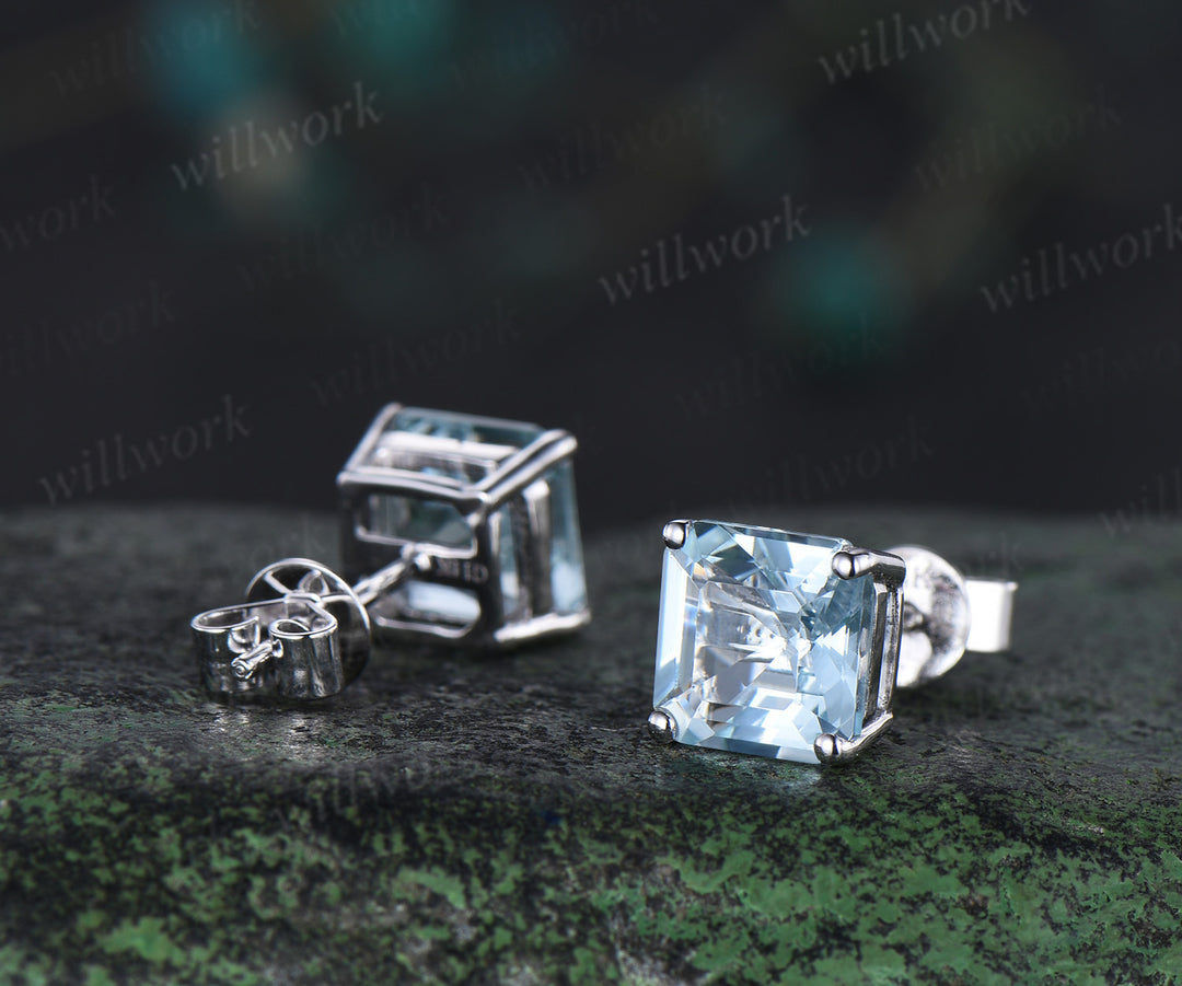 Unique asscher cut aquamarine earrings March birthstone stud earrings solitaire pierced earrings gifts for her
