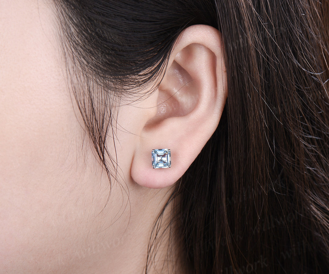 Unique asscher cut aquamarine earrings March birthstone stud earrings solitaire pierced earrings gifts for her