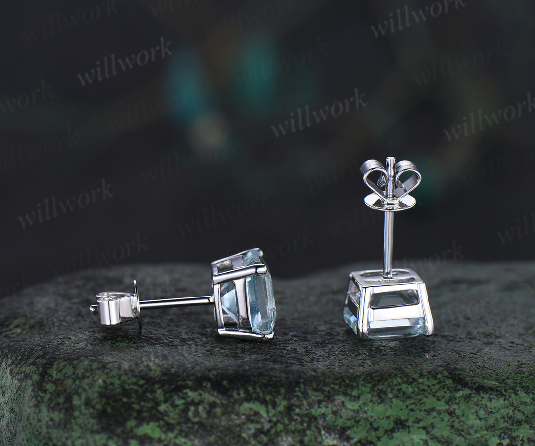 Unique asscher cut aquamarine earrings March birthstone stud earrings solitaire pierced earrings gifts for her