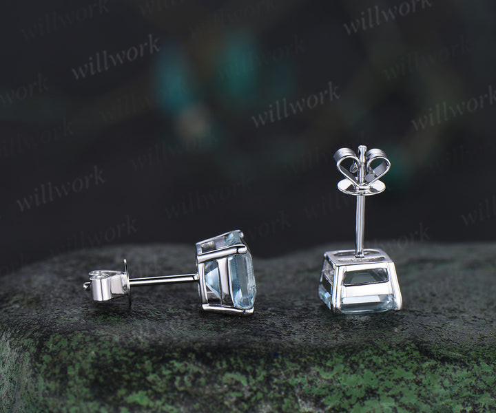 Unique asscher cut aquamarine earrings March birthstone stud earrings solitaire pierced earrings gifts for her