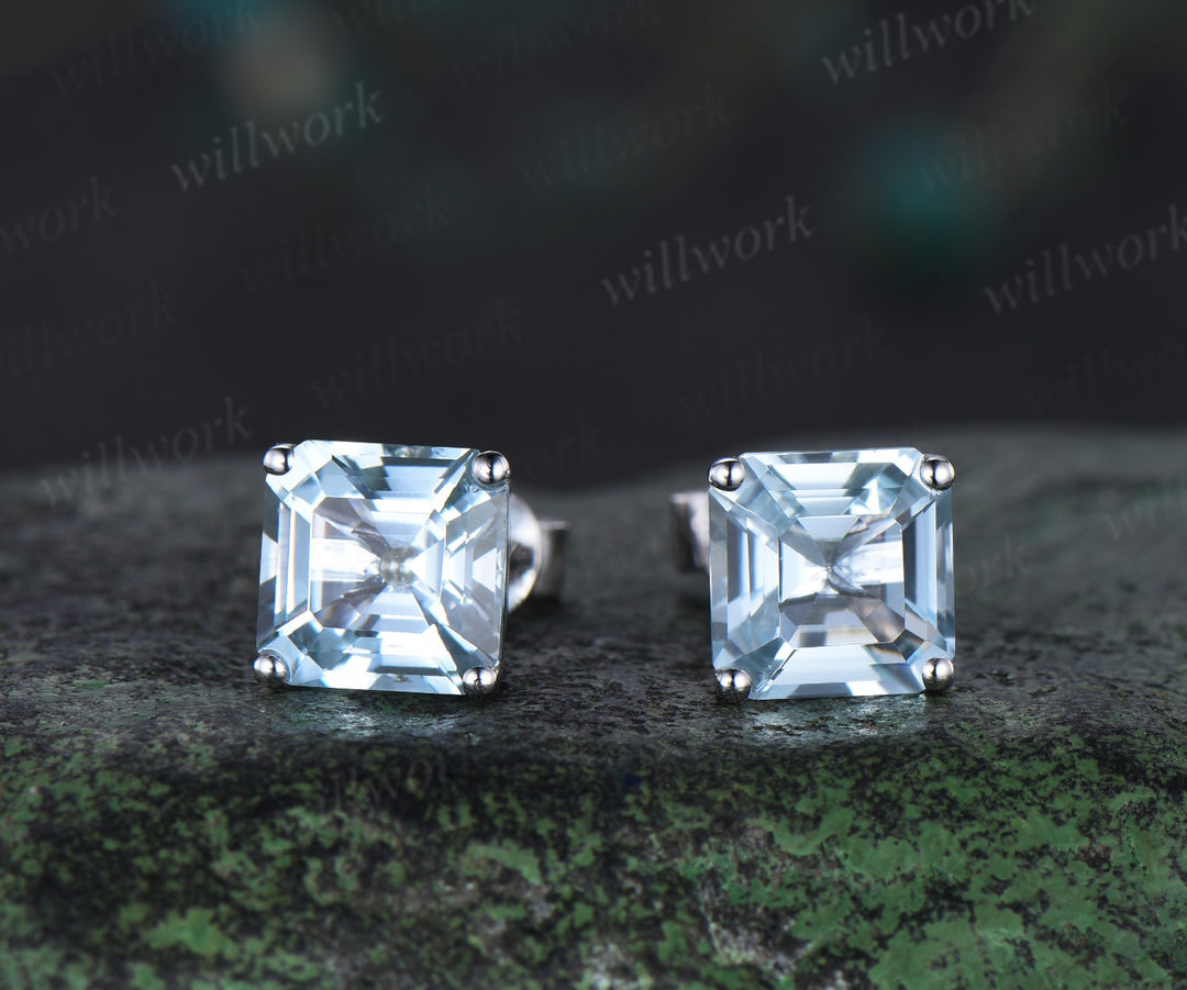 Unique asscher cut aquamarine earrings March birthstone stud earrings solitaire pierced earrings gifts for her