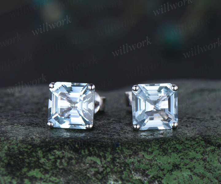 Unique asscher cut aquamarine earrings March birthstone stud earrings solitaire pierced earrings gifts for her