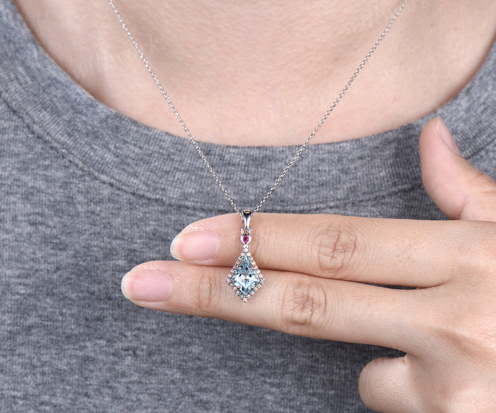 Kite cut aquamarine opal halo pendant necklace ruby accent pendant March birthstone jewelry mother anniversary gifts